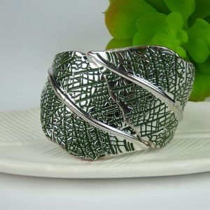 Silver Toned Leaf Hinged Cuff Bracelet